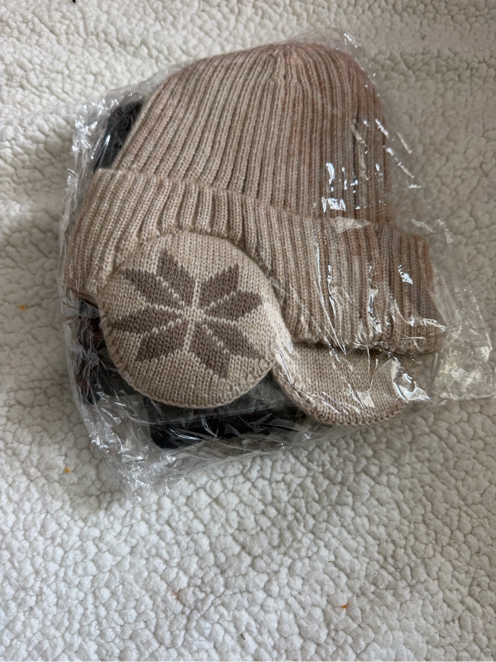 Kids Beige Knit Beanie with Patterned Ear Flaps